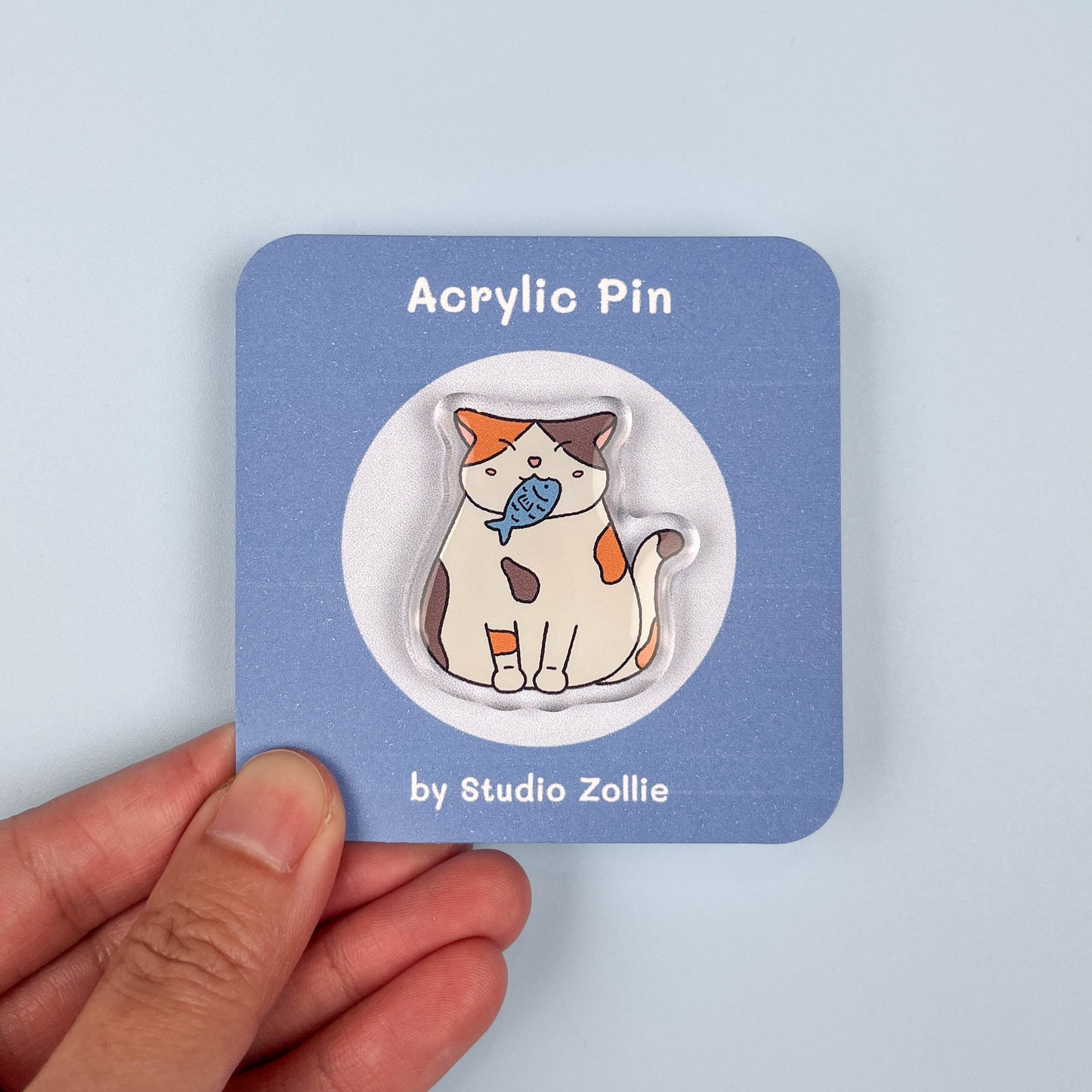 Calico Cat With Fish Acrylic Pin