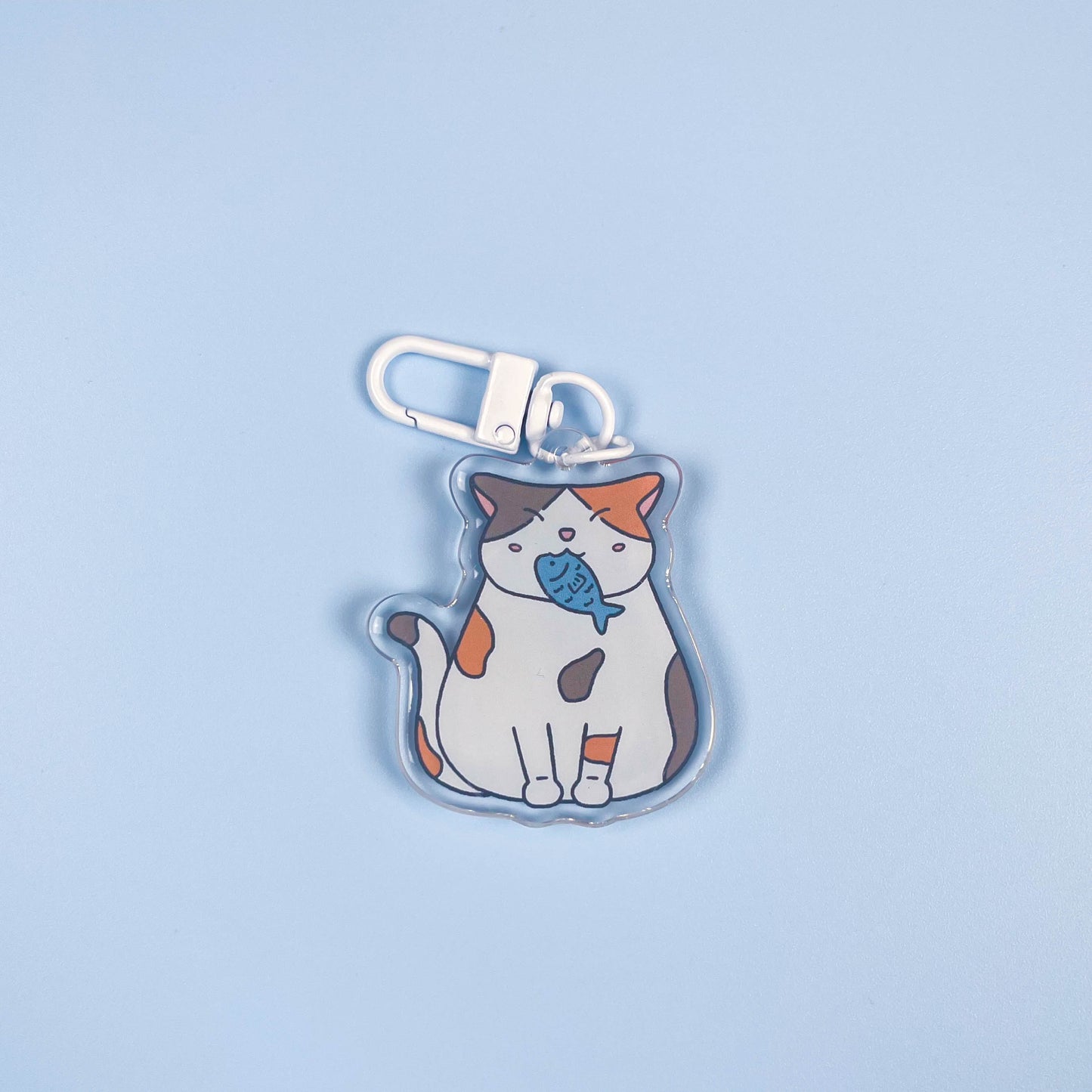 Calico Cat With Fish Keychain