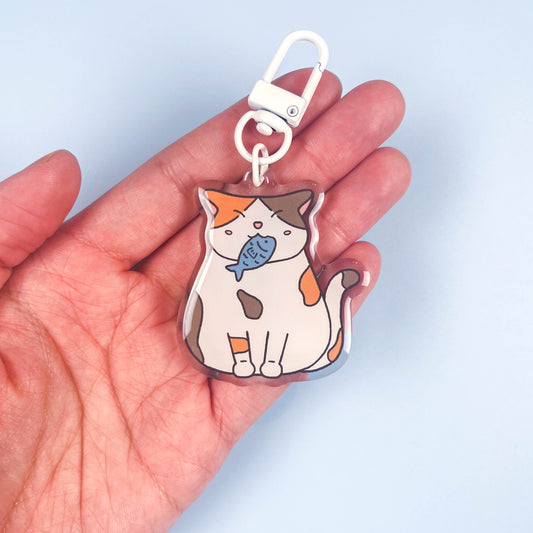 Calico Cat With Fish Keychain