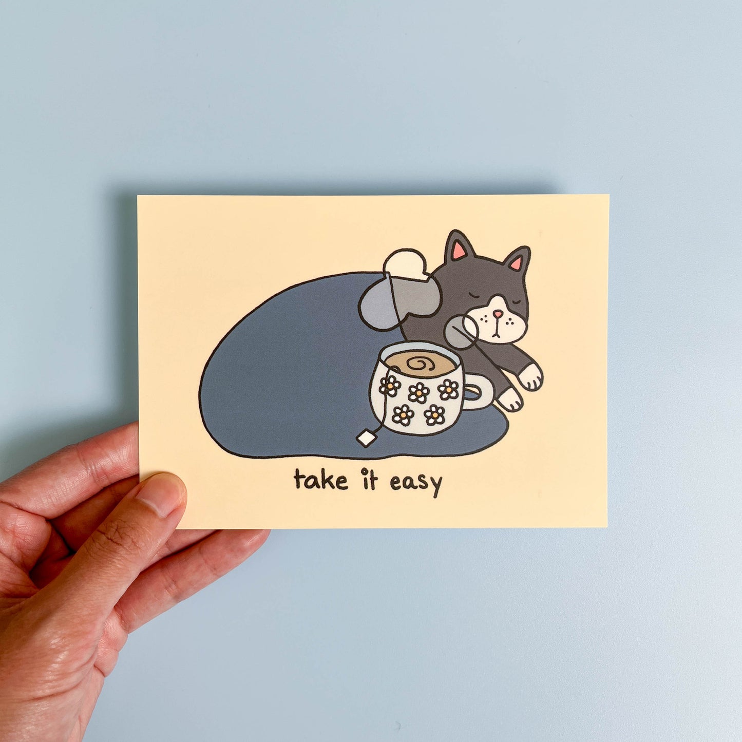 "Take It Easy" Sleeping Cat With Tea Postcard