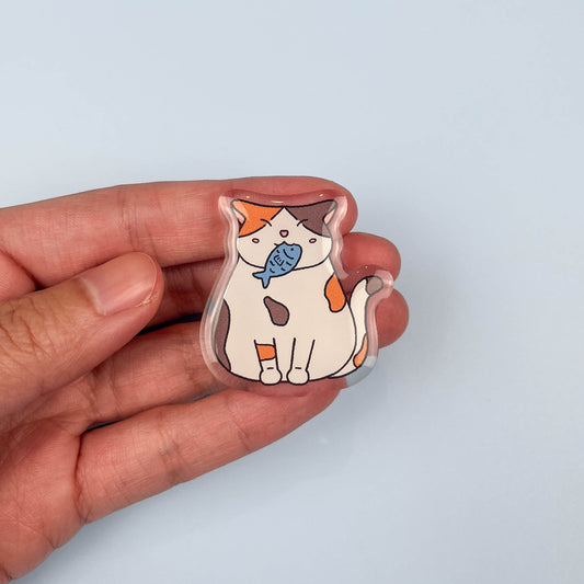 Calico Cat With Fish Acrylic Pin