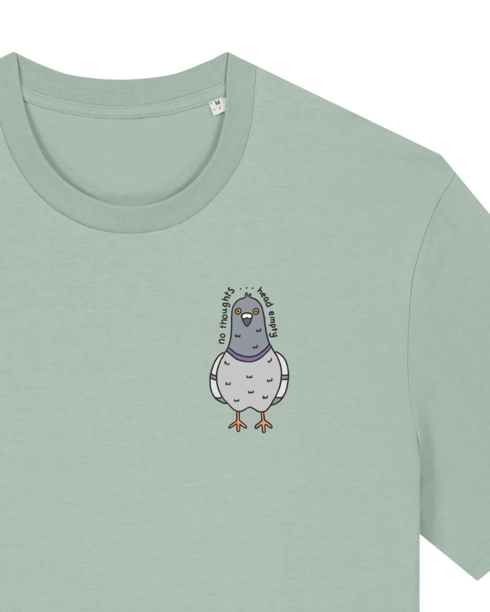 "No Thoughts, Head Empty" Pigeon T-Shirt - Light Green (100% organic cotton)