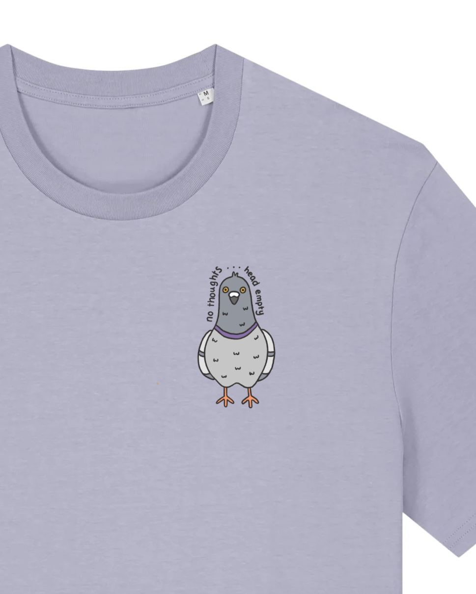 "No Thoughts, Head Empty" Pigeon T-Shirt - Lavender (100% organic cotton)